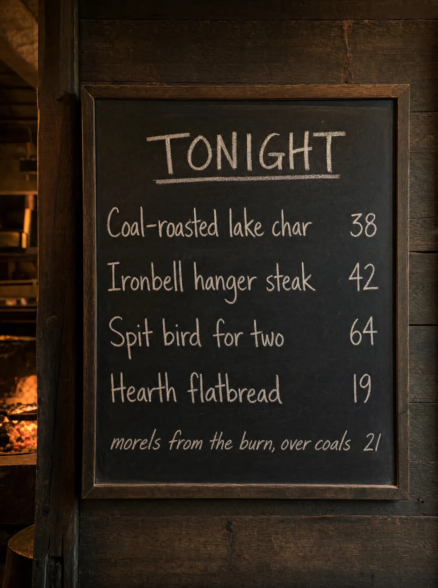 The chalk day board at Smokefall, hand-lettered with tonight's menu, hung on the packing shed wall
