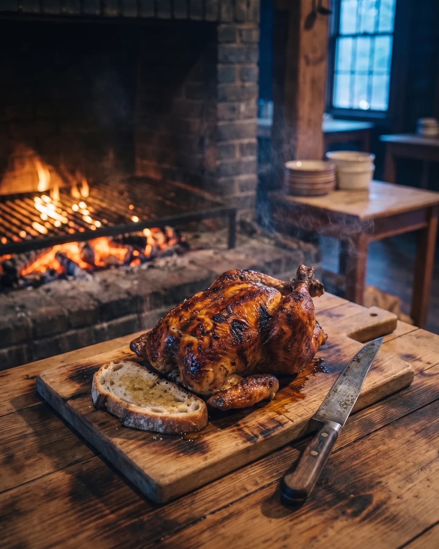 The spit-roasted bird for two on a carving board, bread under the drippings