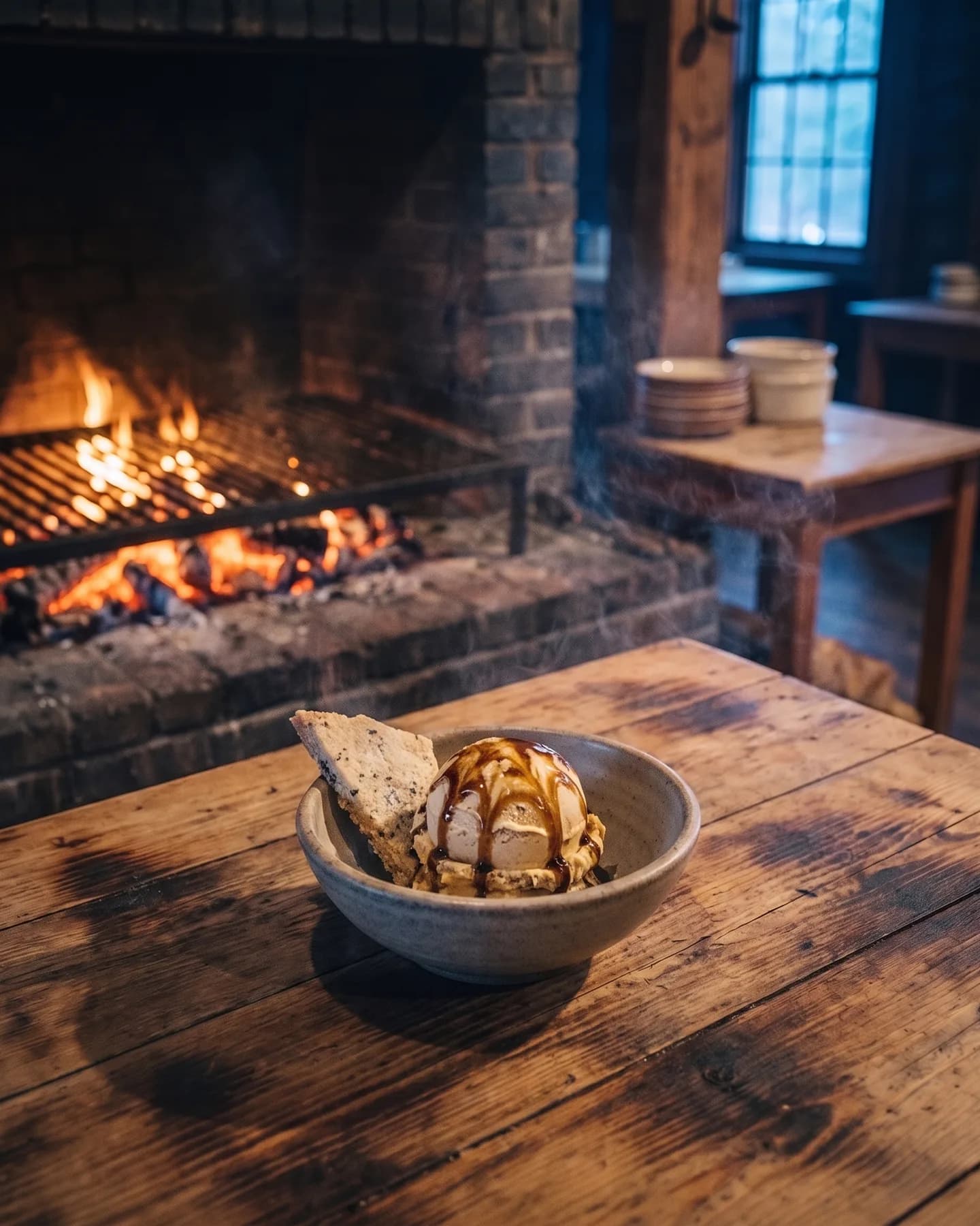 Burnt-honey ice cream with ash-salt shortbread in a stoneware bowl by the hearth