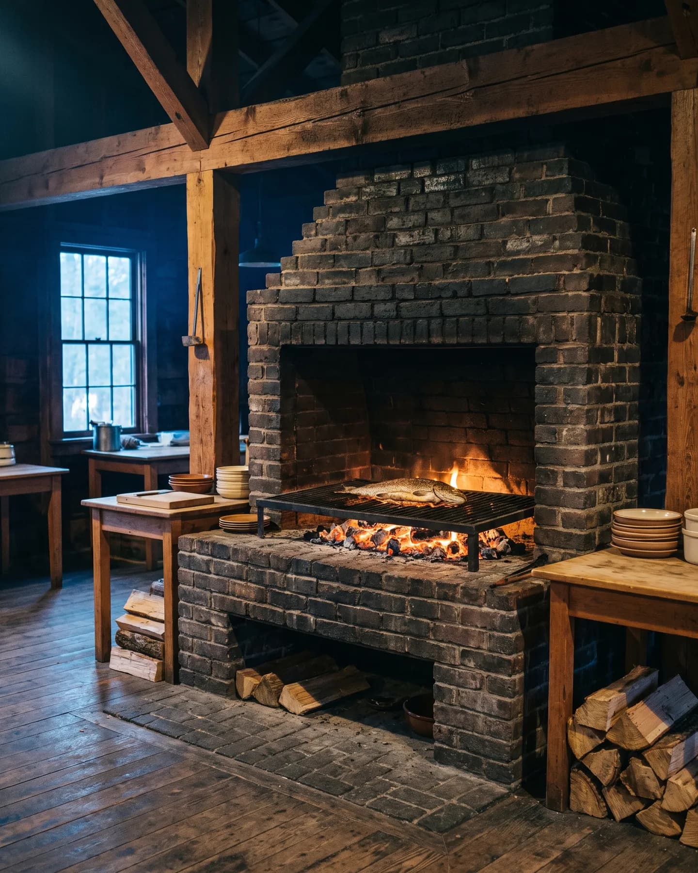 The brick hearth at Smokefall, coals glowing under a whole fish on the grate, the room dim around it