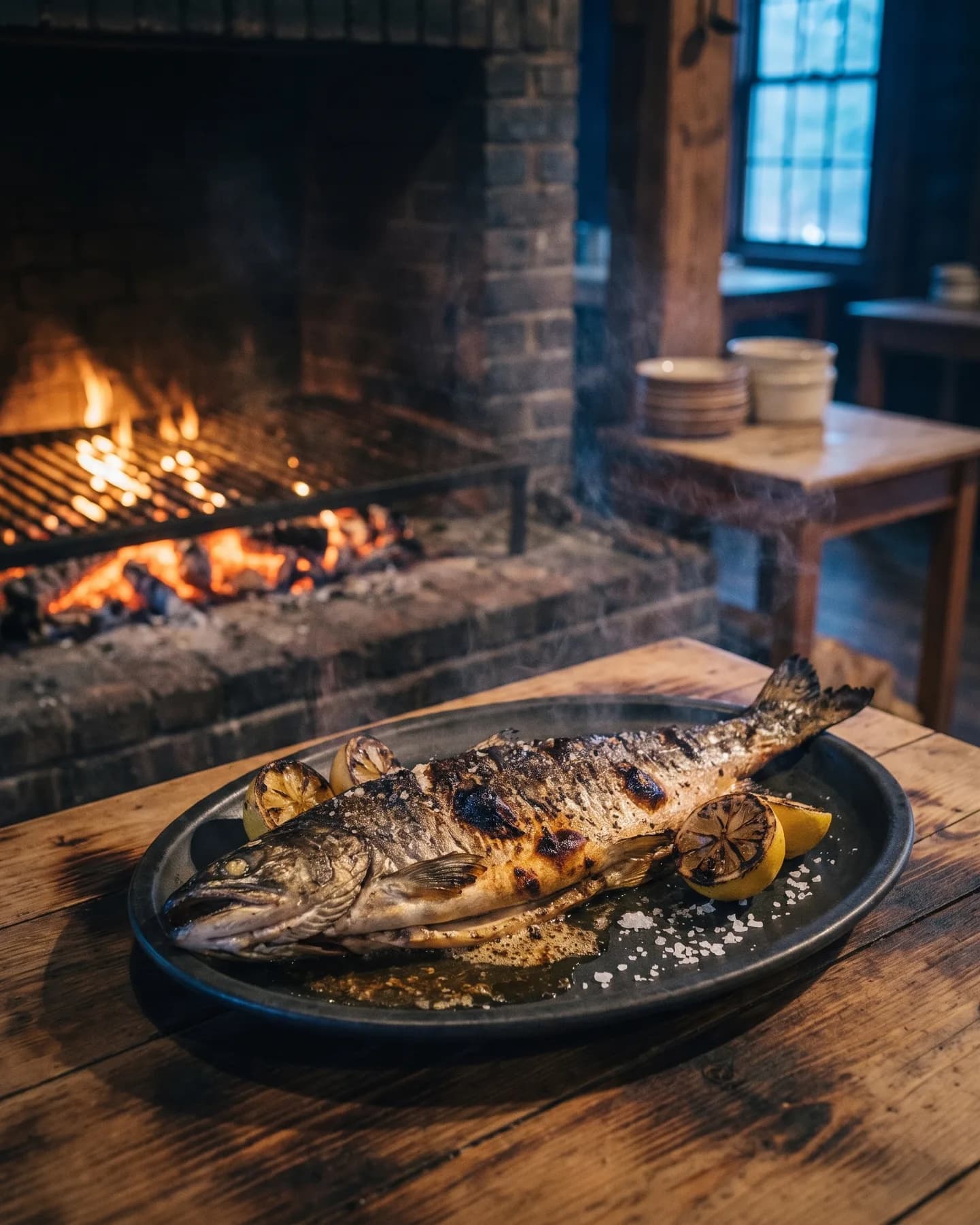 Tonight's coal-roasted lake char, whole on dark stoneware with charred lemon, the hearth fire glowing behind it