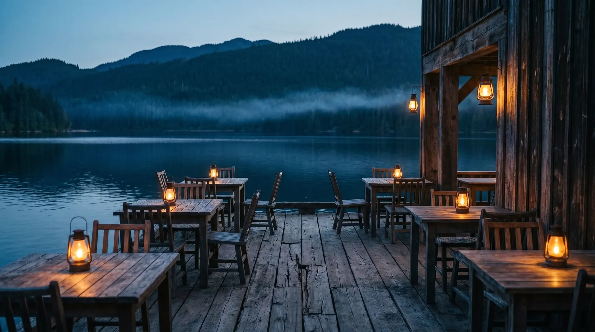 The wharf patio at dusk: small tables on weathered deck boards over the water, string of low lanterns, mountains across the lake