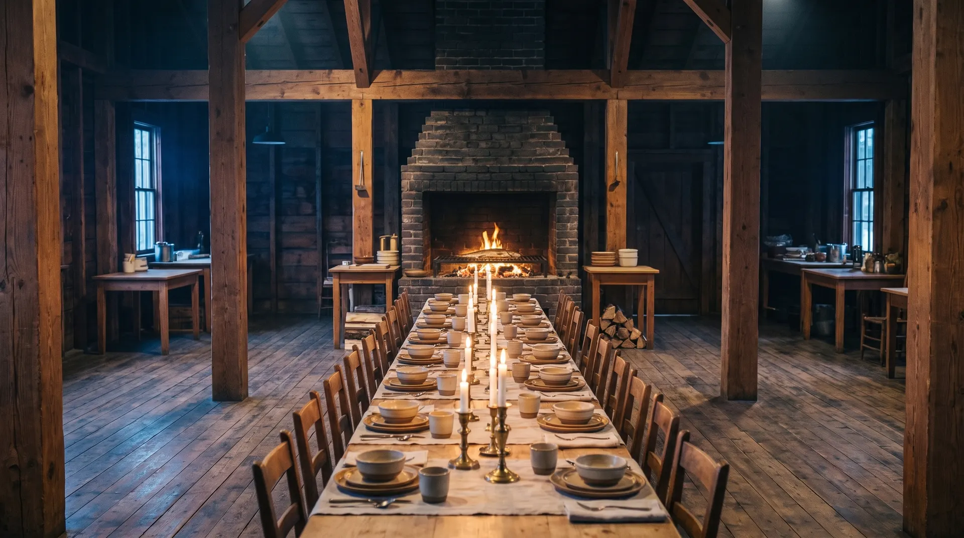 One long candlelit table running the length of the packing shed toward the hearth