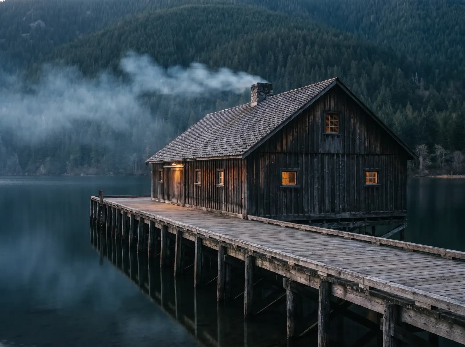 The old fruit-packing shed on the wharf at dusk: weathered board-and-batten, a faint warm glow in the windows, evening mist low on the lake behind it