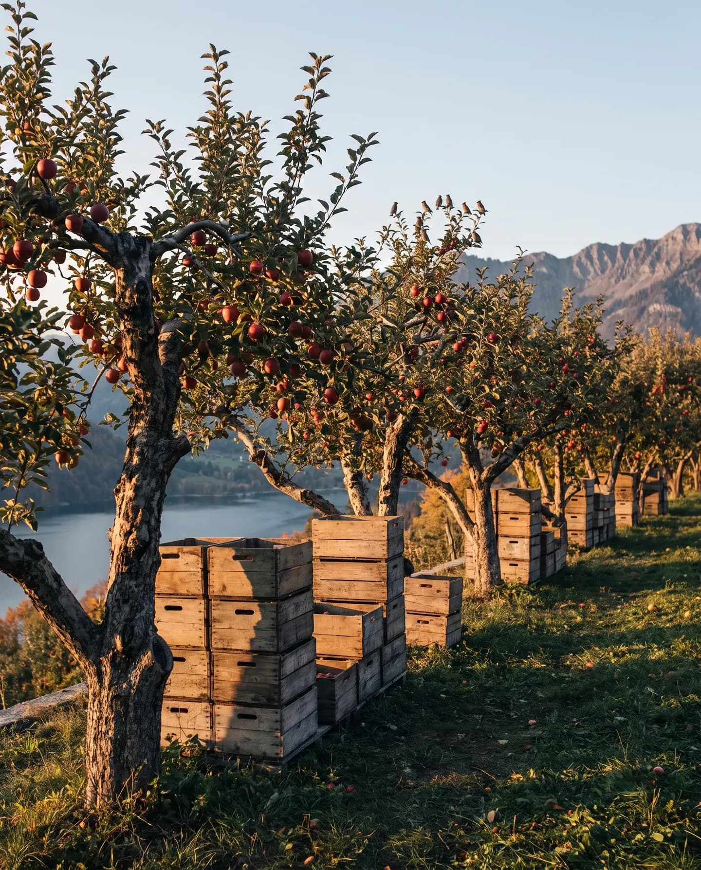 The orchard bench above Waxwing Landing in fall: rows of old apple trees on a terrace over the lake, crates stacked between them